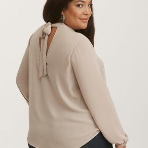 Taupe Georgette Mock Neck Tie Back Top